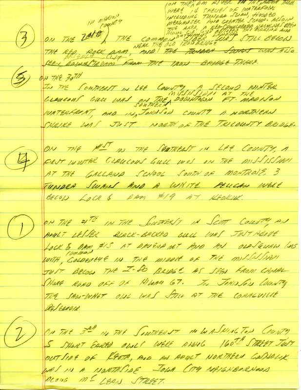 Email for the Iowa Birdline update for January 30, 1995. Highlights of the update include sightings of the continued presence of the Common Eider, Varied Thrush, Snowy Owl and Bohemian Waxwing. Also included are handwritten notes with sightings of five Short-eared Owls, an adult Northern Goshawk and a second winter Glaucous Gull.