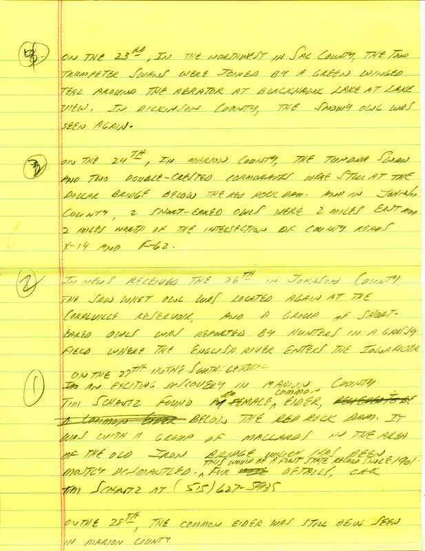 Email for the Iowa Birdline update for January 23, 1995. Highlights of the update include sightings of a Snowy Owl, Bohemian Waxwing, Varied Thrush and Long-tailed Duck. Also included are handwritten notes for the next week's update with sightings of a female Common Eider, Northern Saw-whet Owl and a group of Short-eared Owls.