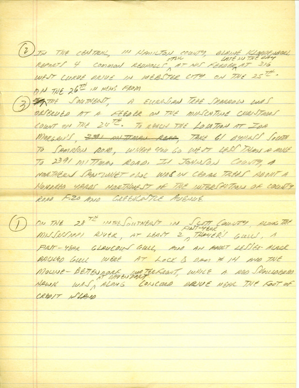 Iowa RBA update for December 25, 1995. Highlights of the update include sightings of Common Redpoll, Hoary Redpoll, Barrow's Goldeneye, Glaucous Gull, Townsend's Solitaire and Red Crossbill. Birds sighted includes species from some Christmas counts. Also included are handwritten notes for the next week's update with sightings of two first year Thayer's Gulls and an adult Lesser Black-backed Gull.