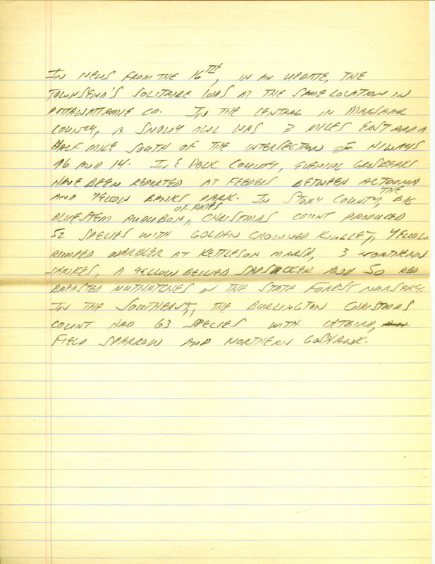 Iowa RBA update for December 11, 1995. Highlights of the update include sightings of a Black-billed Magpie, Common Redpoll, Prairie Falcon and a pair of Evening Grosbeaks. Also included are handwritten notes for the next week's update with sightings of a Golden-crowned Kinglet and a Yellow-rumped Warbler.