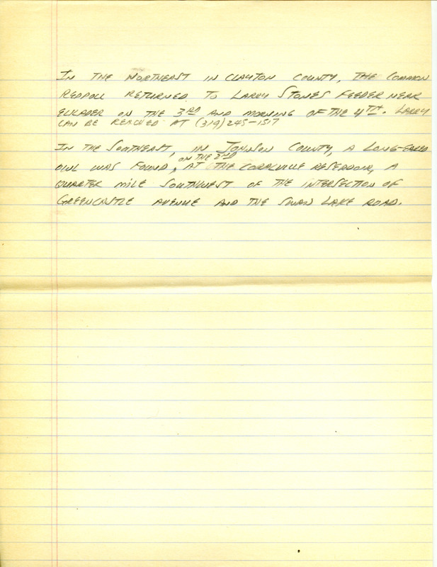 Iowa RBA update for December 4, 1995. Highlights of the update include sightings of Evening Grosbeaks, Black-billed Magpie, White-winged Crossbill, Black-legged Kittiwake, Glaucous Gull, Common Redpoll and an Iceland Gull. Also included are handwritten notes for the next week's update with sightings of a Long-eared Owl.