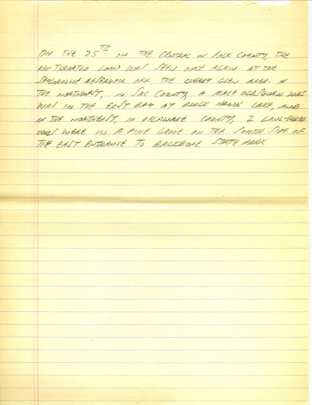 Iowa RBA update for November 20, 1995. Highlights of the update include sightings of an Iceland Gull, Black-legged Kittiwake, Red-throated Loon, Glaucous Gull, White-winged Scoter, Gyrfalcon, and a Prairie Falcon. Also included are handwritten notes for the next week's update with sightings of five Common Redpolls and several Pine Siskins.