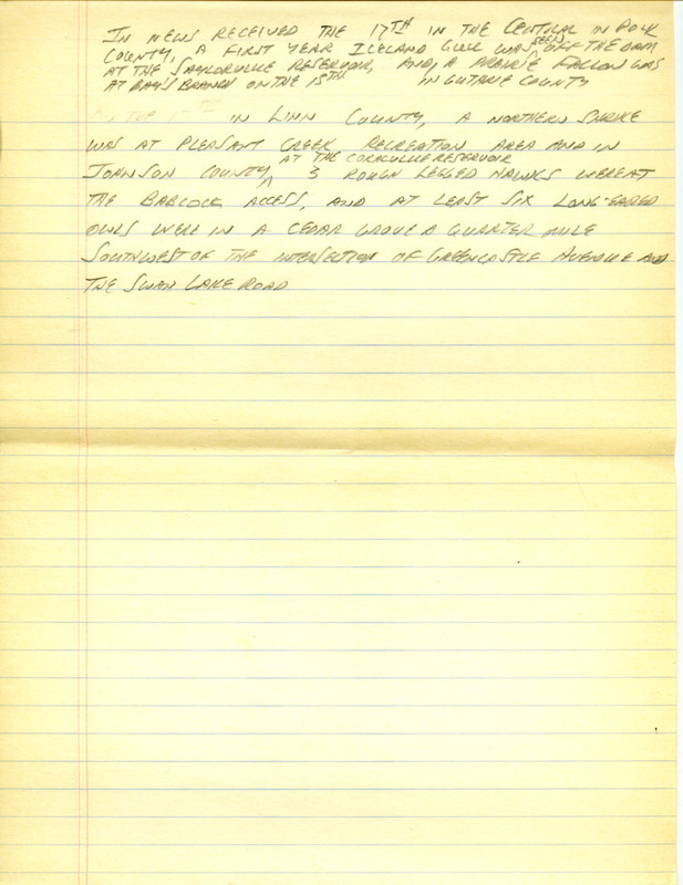 Iowa RBA update for November 13, 1995. Highlights of the update include sightings of a Gray Jay, White-winged Scoter, Western Grebe, Clark's Grebe, Selasphorus type hummingbird (Rufous Hummingbird), Varied Thrush, Surf Scoter and a Red-necked Grebe. Also included are handwritten notes for the next week's update with sightings of three Rough-legged Hawks and at least six Long-eared Owls.