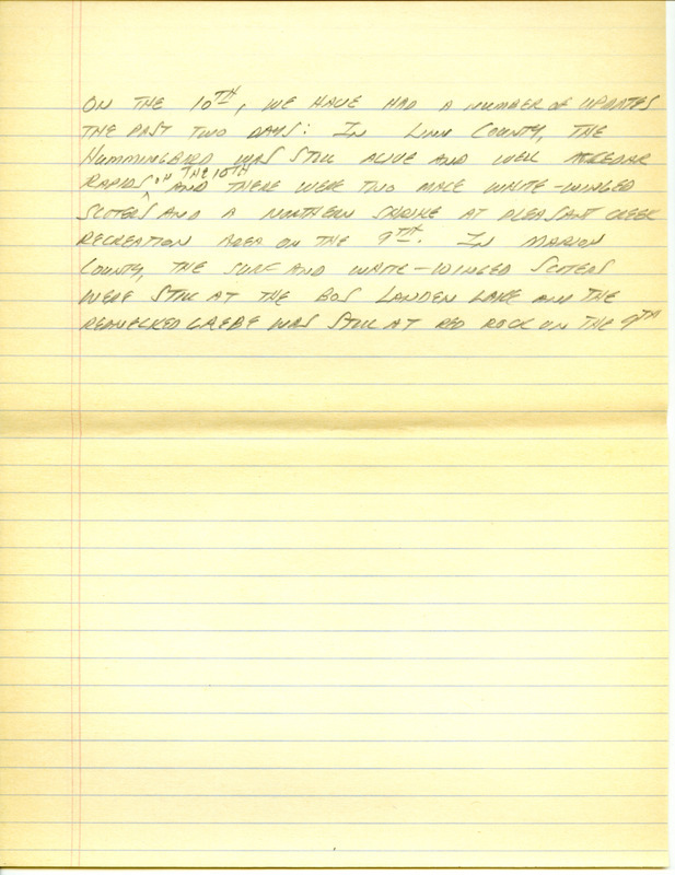 Iowa RBA update for November 6, 1995. Highlights of the update include sightings of a selasphorus type hummingbird (Rufous Hummingbird), Pacific Loon, Surf Scoter, White-winged Scoter, Black Scoter, Red-necked Grebe and a Mew Gull. Also included are handwritten notes for the next week's update with sightings of a male Evening Grosbeak and a Northern Shrike.