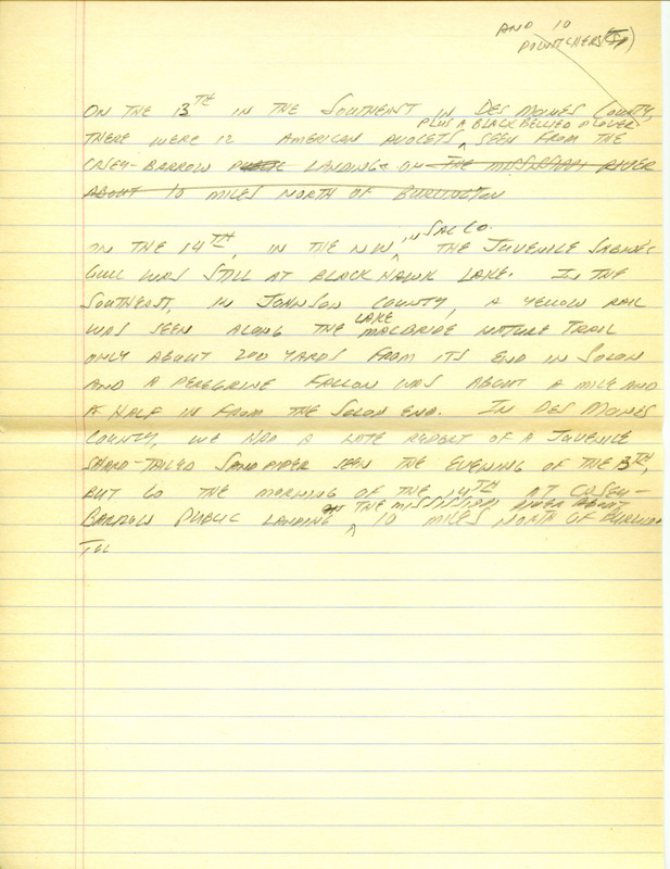 Iowa RBA update for October 9-10, 1995. Highlights of the update include sightings of a Fish Crow, California Gull, Sabine's Gull, Snowy Egret, Black-legged Kittiwake and five American Avocets. Also included are handwritten notes for the next week's update with sightings of a Black-bellied Plover and a Peregrine Falcon.