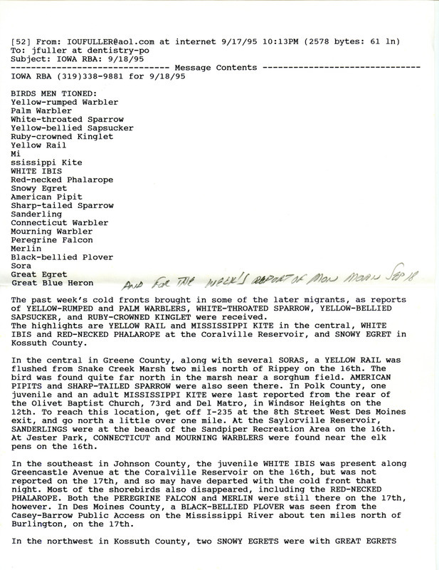 Iowa RBA update for September 18, 1995. Highlights of the update include sightings of Yellow Rail, Mississippi Kite, White Ibis, Red-necked Phalarope and a Snowy Egret.