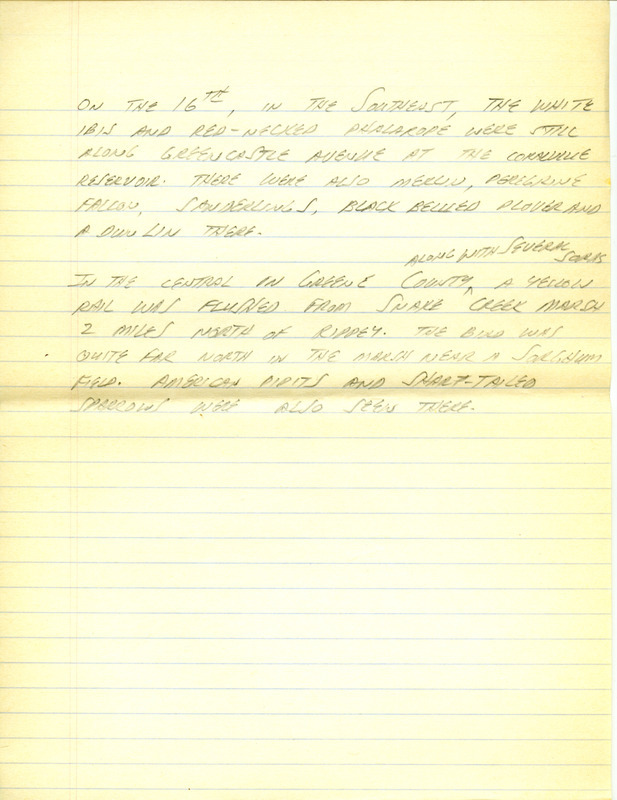 Iowa RBA update for September 11-14, 1995. Highlights of the update include sightings of a juvenile White Ibis, Red-necked Phalarope, Sabine's Gull, California Gull, Laughing Gull, Black-throated Blue Warblers and Sandhill Cranes. Contains numerous reports of Red-breasted nuthatch sightings. Also included are handwritten notes for the next week's update with sightings of a Yellow Rail and American Pipits.