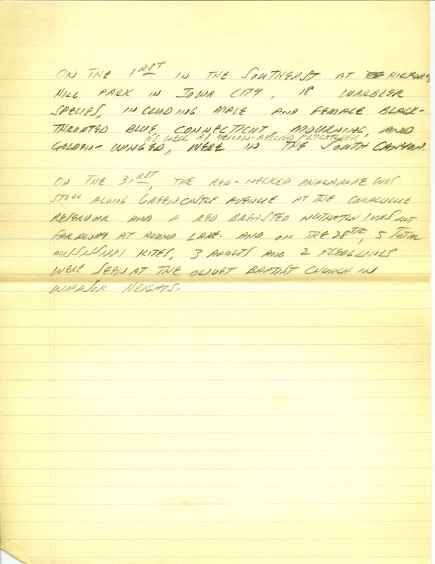 Iowa RBA update for August 28, 1995. Highlights of the update include sightings of a Reeve (Ruff), Red-necked Phalarope, Mississippi Kite, Snowy Egret, an immature Little Blue Heron and a Least Tern. Also included are handwritten notes for the next week's update with sightings of a female Black-throated Blue Warbler, a Connecticut Warbler as well as a Yellow-bellied Flycatcher.