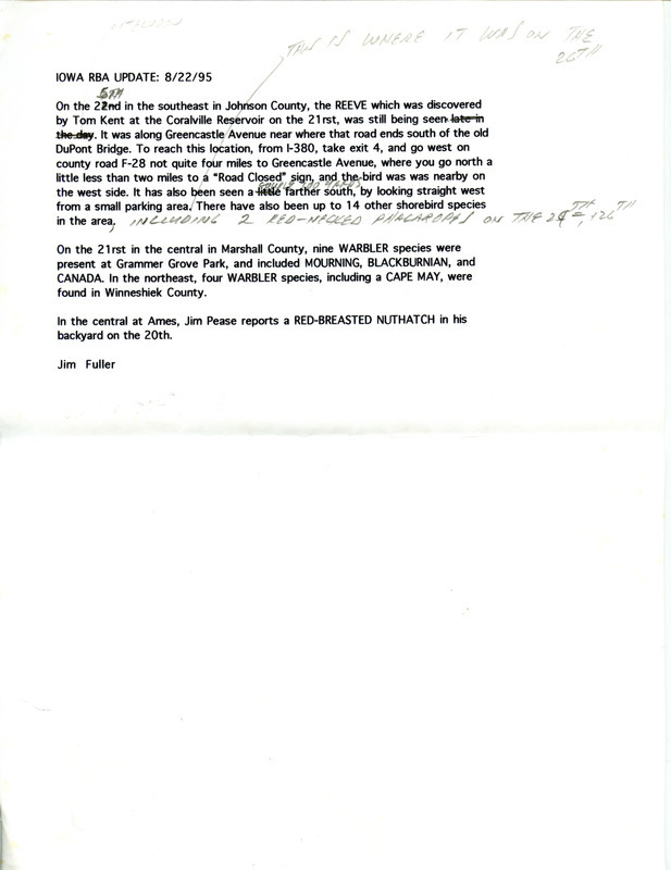 Iowa RBA update for August 21-22, 1995. Highlights of the update include sightings of Mississippi Kites, Piping Plover, Ruddy Turnstone, two Sanderlings and a Reeve (Ruff). Also included are handwritten notes for the next week's update with sightings of twenty-two Buff-breasted Sandpipers and three Ospreys.