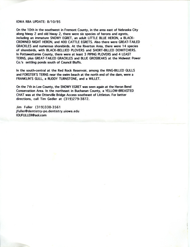 Iowa RBA update for August 7-10, 1995. Highlights of the update include sightings of Mississippi Kites, Snowy Egret, Little Blue Heron, Ring-billed Gulls and Forster's Terns.