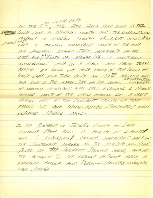 Iowa RBA update for July 2-4, 1995. Highlights of the update include sightings of a Prairie Warbler, Least Tern, Piping Plover, Black-billed Magpie, Western Grebe, Yellow-throated Warbler and a Hooded Warbler. Also included are handwritten notes for the next week's update with sightings of Common Moorhens and Yellow-bellied Sapsuckers.