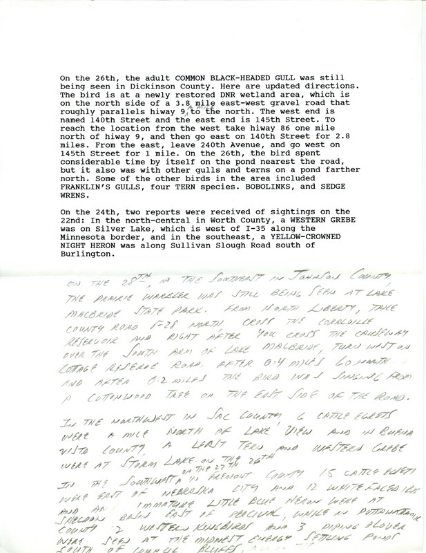 Iowa RBA update for June 24-26, 1996. Highlights of the update include sightings of an adult Common Black-headed Gull, Franklin's Gulls, three Tern species and a Hooded Merganser. Also included are handwritten notes for the next week's update with sightings of fifteen Cattle Egrets, twelve White-faced Ibis and an immature Little Blue Heron.