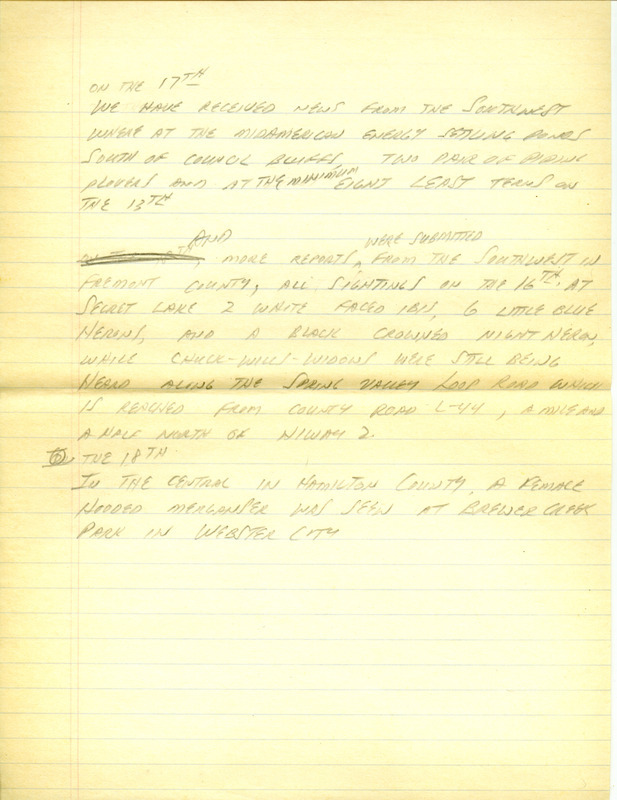 Iowa RBA update for June 17, 1996. Highlights of the update include sightings of a Prairie Warbler, Summer Tanager, eight Warbler species and nesting Western Kingbirds. Also included are handwritten notes for the next week's update with sightings of two pairs of Piping Plovers and eight Least Terns.