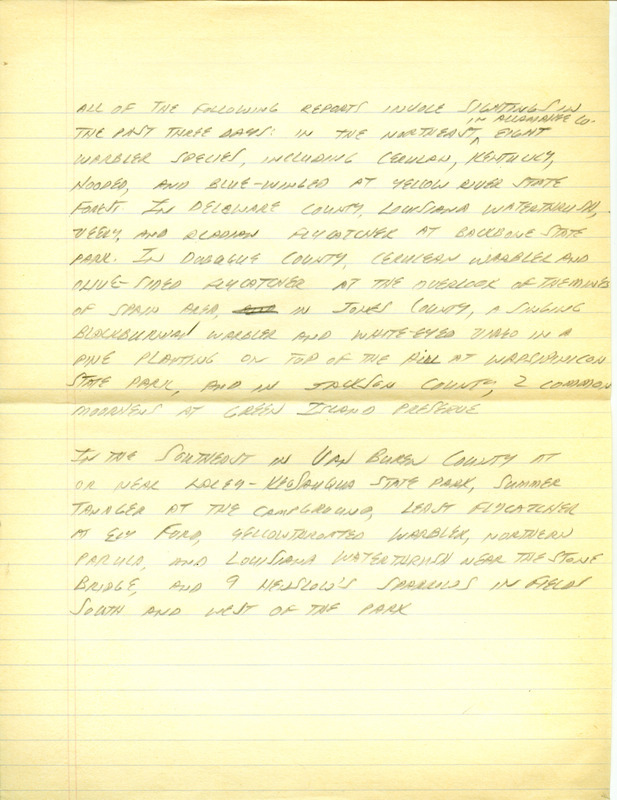 Iowa RBA update for June 10, 1996. Highlights of the update include sightings of a Lazuli Bunting (identified by sound), three Western Grebes, and three White-faced Ibis. Also included are handwritten notes for the next week's update with sightings of a singing Blackburnian Warbler and a White-eyed Vireo.