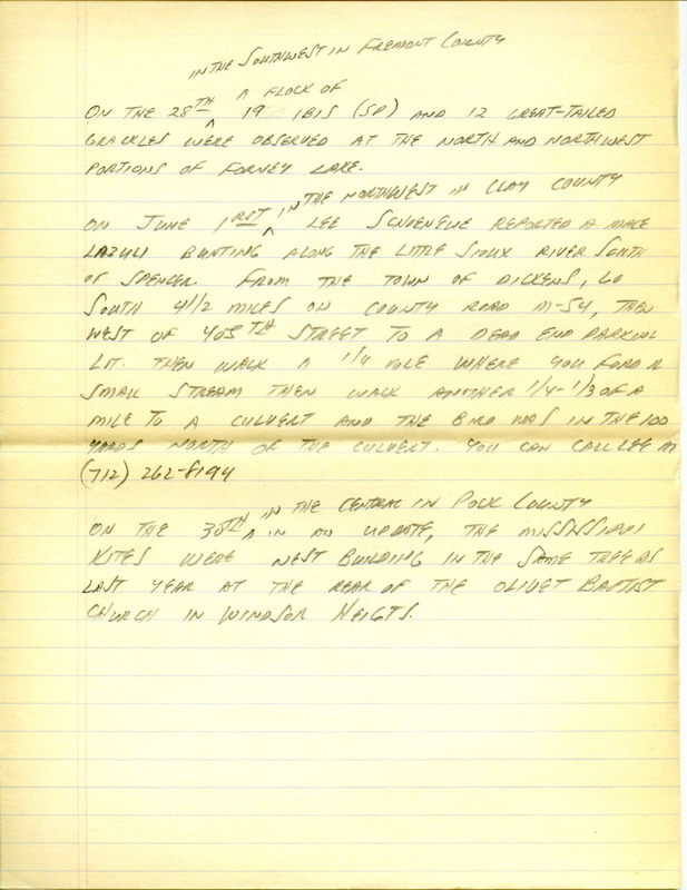 Iowa RBA update for May 27, 1996. Highlights of the update include sightings of Mississippi Kites, Red-necked Grebe, White-winged Scoter, Worm-eating Warbler and a Bewick's Wren. Also included are handwritten notes for the next week's update with sightings of a male Lazuli Bunting and twelve Great-tailed Grackles.