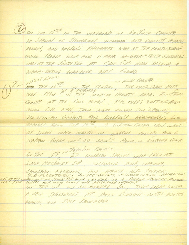 Iowa RBA update for May 13, 1996. Highlights of the update include sightings of a Black-headed Grosbeak, Western Tanager, Worm-eating Warbler, Black-throated Blue Warbler, Prairie Warblers, Little Blue Heron, and Red-necked Grebe. Also included are handwritten notes for the next week's update with sightings of several species of Shorebirds such as Marbled Godwits, American Avocets, Dunlins and a Wilson's Phalarope.