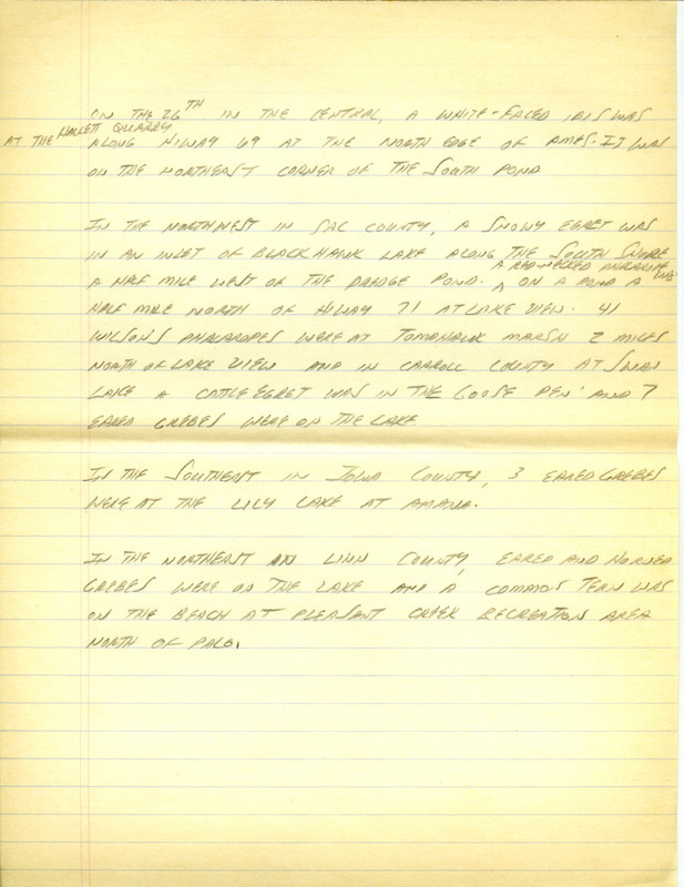 Iowa RBA update for April 22, 1996. Highlights of the update include sightings of Little Gull, Red-throated Loon, Snowy Egret, Marbled Godwit and a Fish Crow. Also included are handwritten notes for the next week's update with sightings of Willets, Dunlins and Wilson's Phalaropes.