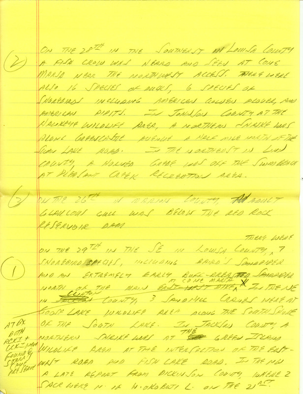 Iowa RBA update for March 25, 1996. Highlights of the update include sightings of Glaucous Gulls, Lesser Black-backed Gulls and Sandhill Cranes. Also included are handwritten notes for the next week's update with sightings of a Baird's Sandpiper and an extremely early Buff-breasted Sandpiper.