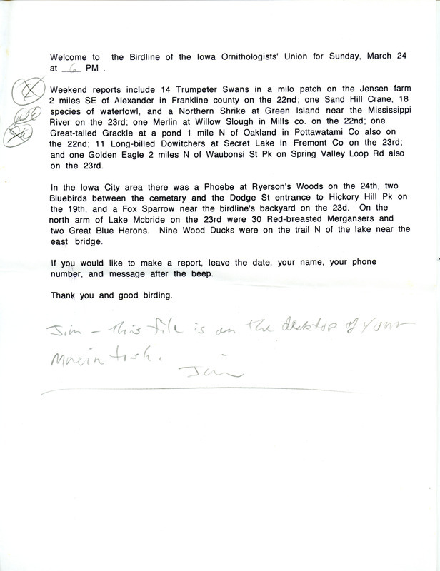 Iowa RBA update for March 11-24, 1996. Highlights of the update include sightings of a female White-winged Scoter, a first year Glaucous Gull, Thayer's Gulls and a female White-winged Crossbill.