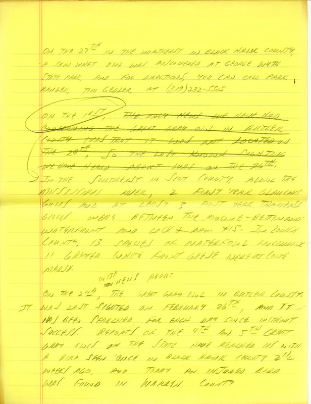 Iowa RBA update for February 26, 1996. Highlights of the update include sightings of a Great Grey Owl, Thayer's Gull, White-winged Crossbills and a Red-shouldered Hawk. Also included are handwritten notes for the next week's update with sightings of thirteen species of waterfowl including eleven Greater White-fronted Geese.