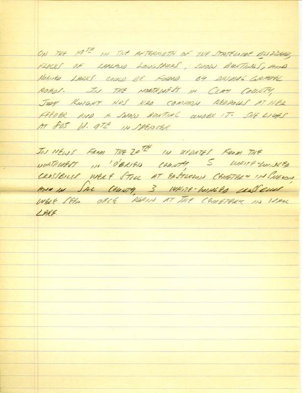 Iowa RBA update for January 15, 1996. Highlights of the update include sightings of a White-winged Crossbill, Northern Saw-whet Owl, Long-tailed Duck and an immature Golden Eagle. Also included are handwritten notes for the next week's update with sightings of flocks of Lapland Longspurs, Snow Buntings and Horned Larks.