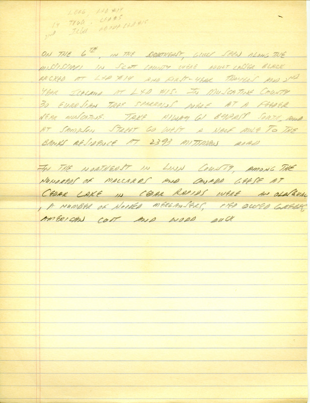 Iowa RBA update for January 1-4, 1996. Highlights of the update include sightings of a Great Black-backed Gull, Lesser Black-backed Gull, Thayer's Gull, Glaucous Gull, Yellow-rumped Warblers and a Snowy Owl. Also included are handwritten notes for the next week's update with sightings of Hooded Mergansers, Pied-billed Grebes and a Wood Duck.