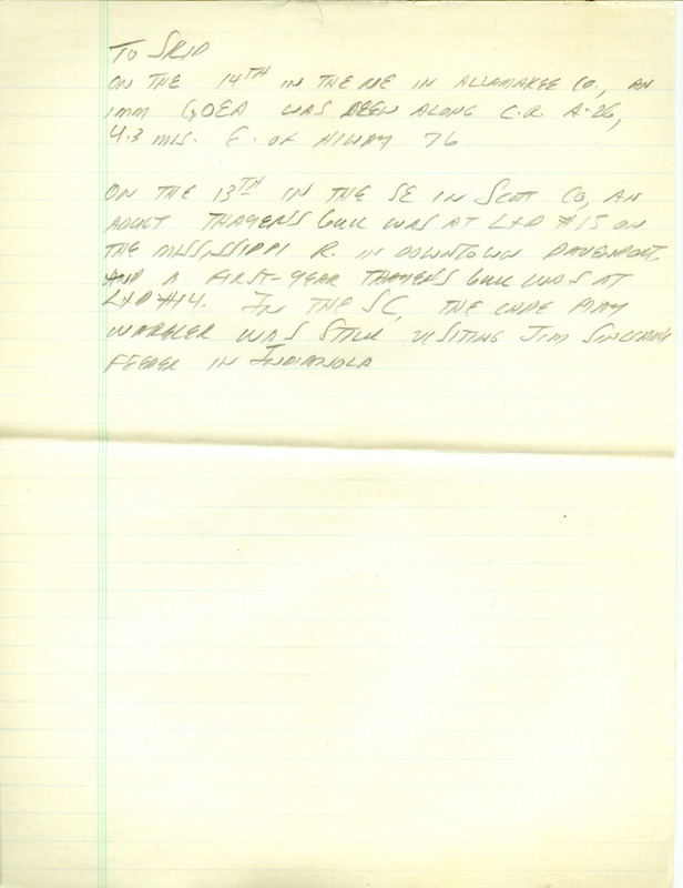 Iowa RBA update for December 9, 1996. Highlights of the update include the return of a Pinyon Jay, as well as sightings of a Long-tailed Duck, Red Crossbills, all three Scoter species, and a Varied Thrush. Other interesting observations include two Pomarine Jaegers, a first year Glaucous Gull, and Snowy Owls. Also included are handwritten notes for the next week's update with sightings of Thayer's Gulls and a Cape May Warbler.