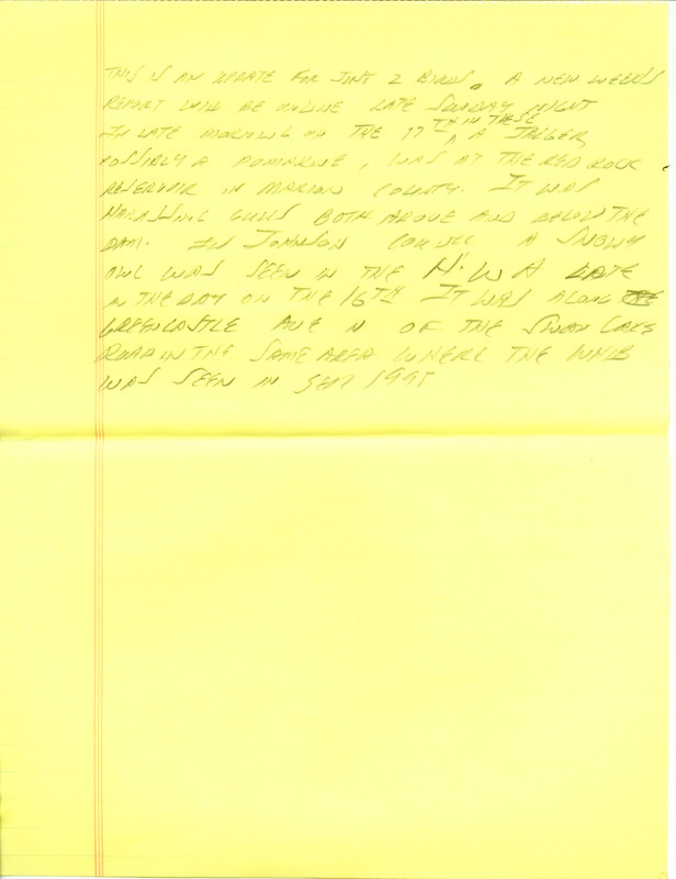 Iowa RBA update for November 11, 1996. Highlights of the update include sightings of Long-tailed Ducks, a White-winged Scoter, and Western Grebes. Other interesting observations were of a Brown Pelican, a Black Scoter, a Prairie Falcon, and a Pacific Loon. Also included are handwritten notes for the next week's update with sightings of a Pomarine Jaeger, Snowy Owls, and Lapland Longspurs.