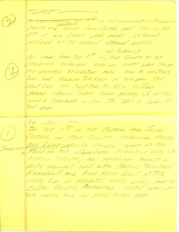 Iowa RBA update for October 7, 1996. Highlights of the update include sightings of two Sabine's Gulls in northwest Iowa and the early appearance of a Thayer's Gull in the southeast part of the state. Also of note were the number of migrants moving into the state, including Sparrows, Kinglets, and late Warblers. Also included are handwritten notes for the next week's update with sightings of a female Surf Scoter and American Pipits.