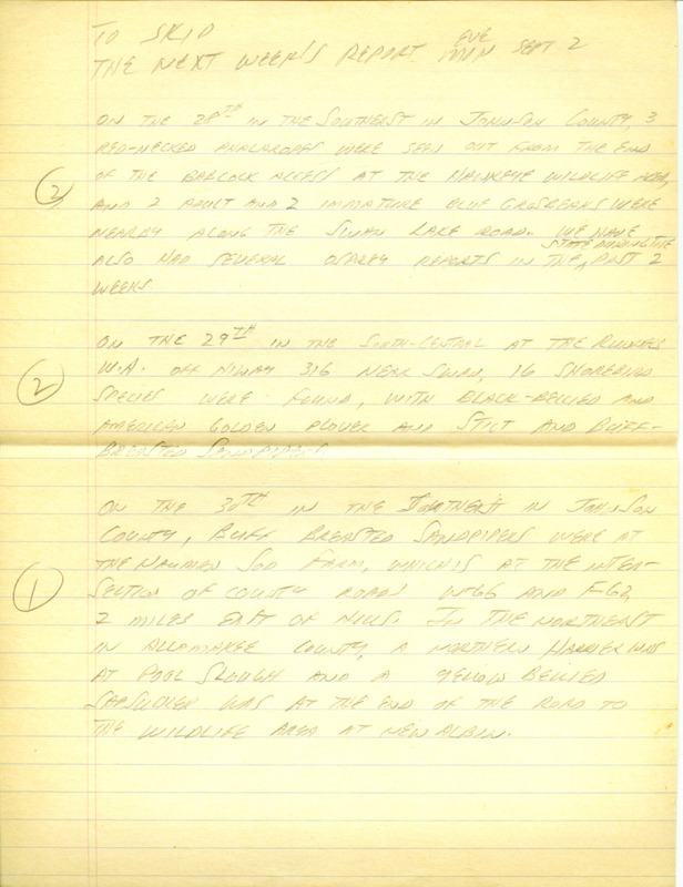 Iowa RBA update for August 27, 1996. Highlights of the update include sightings of a Rufous Hummingbird, Red Crossbills, Red Knots, Snowy Egrets, and Little Blue Herons. Also included are handwritten notes for the next week's update with sightings of Red Phalaropes and 16 species of shorebirds, including Buff-Breasted Sandpipers and Black-bellied Plovers.