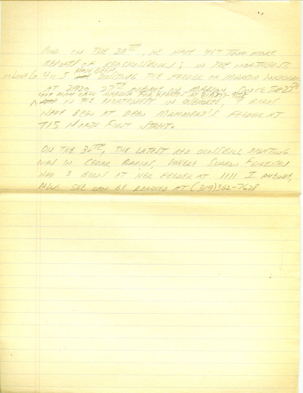 Iowa RBA update for July 29, 1996. Highlights of the update include details on a summer invasion of Red Crossbills with five additional reports from around the state. Other interesting observations were of a Worm-eating Warbler, a Snowy Egret, a flyover of a Mississippi Kite. Also included are handwritten notes for the next week's update with more sightings of Red Crossbills.