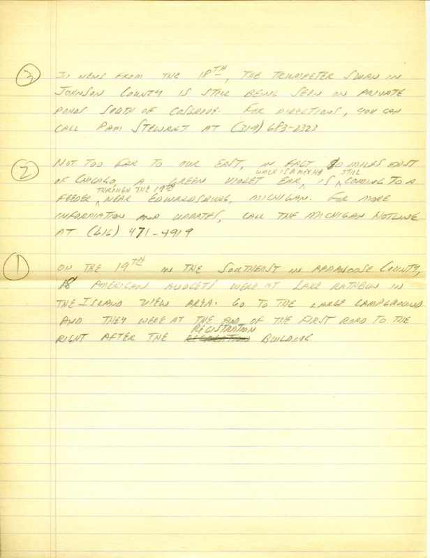 Iowa RBA update for July 15, 1996. Highlights of the update include sightings of Red Crossbills, a Prairie Warbler, a White-faced Ibis, a Mississippi Kite, and the continued presence of a Black-headed Gull. Also of note were observations of numerous species of shorebirds at Rathbun Lake and near Lake View. Also included are handwritten notes for the next week's update with sightings of an American Avocet and a Trumpeter Swan.