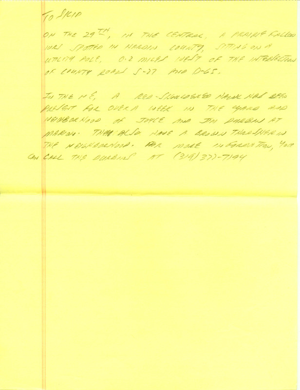 Iowa RBA update for January 27, 1997. Highlights of the update include the continued presence of an immature Pinyon Jay and a Common Redpoll. Also of note were observations of an adult Snowy Owl, three Long-tailed Ducks, and two White-winged Scoters. Also included are handwritten notes for the next week's update with sightings of a Prairie Falcon and a Red-shouldered Hawk.