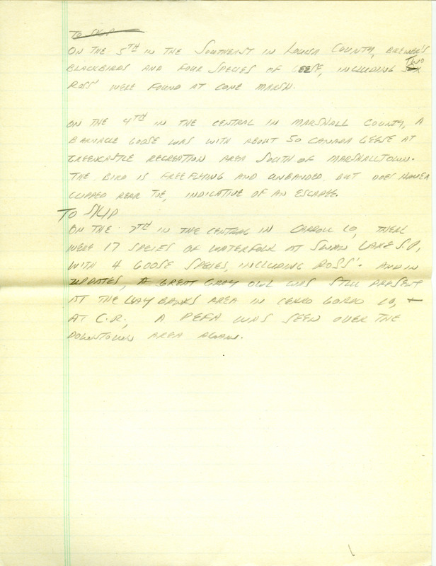 Iowa RBA update for March 3, 1997. Highlights of the update include the return of Killdeer and Red-winged Blackbirds to the state as well as the continued presence of Great Gray Owls and a Pinyon Jay. Other interesting observations were of a Snowy Owl, six Red Crossbills, and a first year Thayer's Gull. Also included are handwritten notes for the next week's update with sightings of a Brewer's Blackbird and a Barnacle Goose.