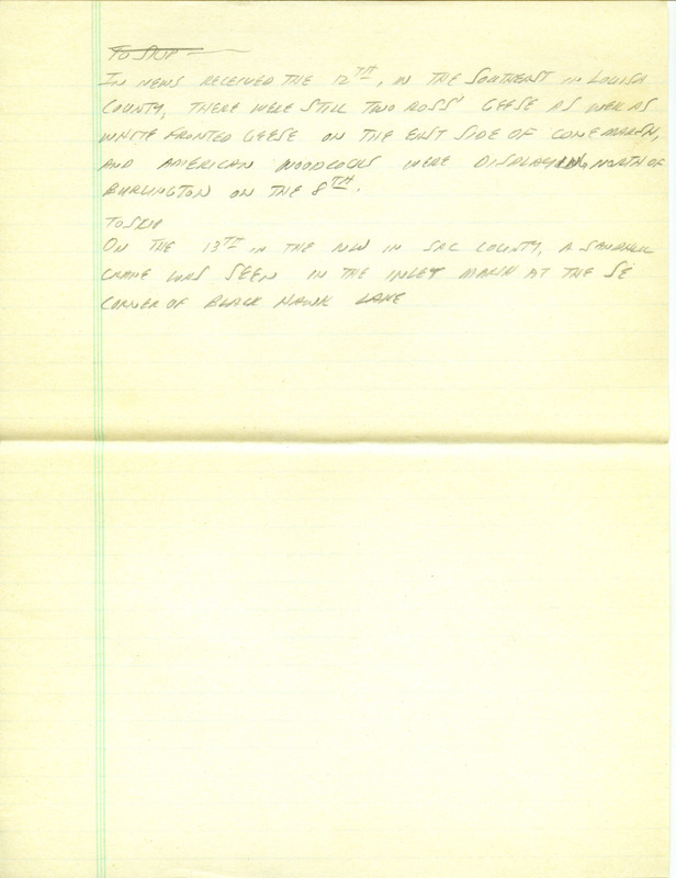 Iowa RBA update for March 10, 1997. Highlights of the update include many new arrivals to the state, including American White Pelicans, Turkey Vultures, and an Eastern Phoebe. Also of note was the continued presence of at least one Great Gray Owl and an immature Pinyon Jay as well as the observation of a first-year Thayer's Gull. Also included are handwritten notes for the next week's update with sightings of American Woodcocks and a Sandhill Crane.