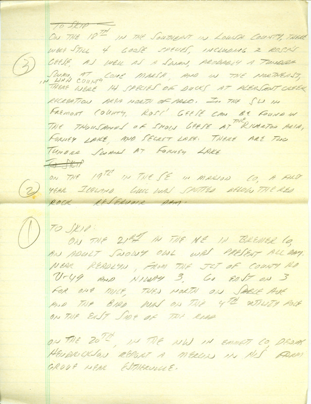 Iowa RBA update for March 17, 1997. Highlights of the update include the continued presence of a Pinyon Jay and two Ross' Geese as well as sightings of a Red-shouldered Hawk, a Sandhill Crane, three Trumpeter Swans, and an estimated ten thousand Lapland Longspurs. Also included are handwritten notes for the next week's update with sightings of 14 species of Ducks and an Iceland Gull.