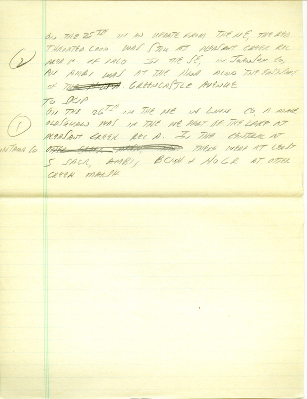 Iowa RBA update for April 21, 1997. Highlights of the update include the appearance of a potential first state record of a White-winged Dove as well as sightings of Cinnamon Teals, a Red-throated Loon, a Pacific Loon, and a Glaucous Gull. Also of note were several returning birds, including Blue-gray Gnatcatcher, Yellow-headed Blackbird, Northern Parula, Broad-winged Hawk, and Osprey. Also included are handwritten notes for the next week's update with sightings of a Long-tailed Duck, Spotted Towhees, and Eurasian Tree Sparrows.