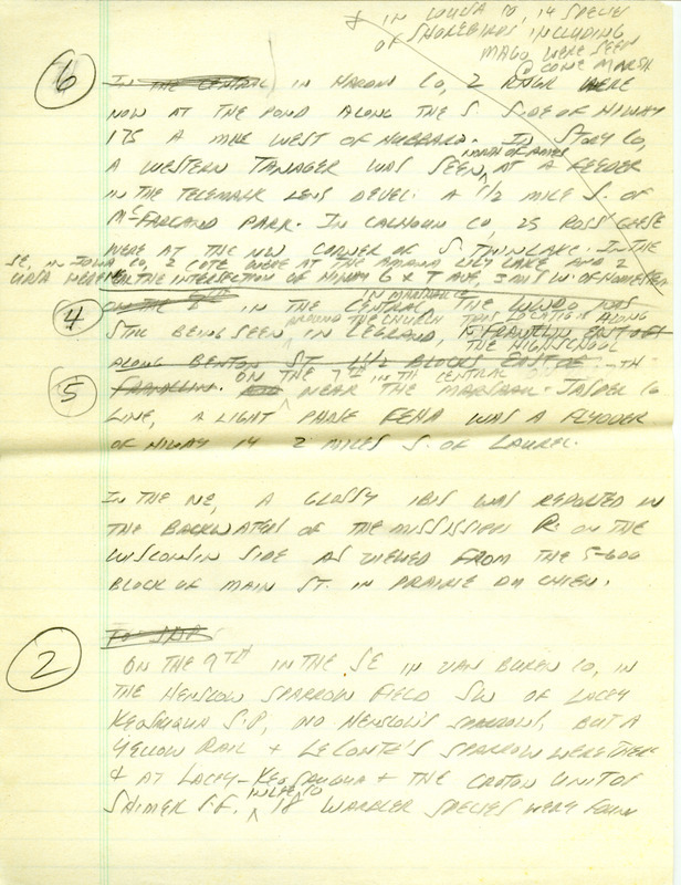 Iowa RBA update for May 5, 1997. Highlights of the update include three sightings of a White-winged Dove which had never been seen in the state prior to April 1997. There were numerous other observations, including Yellow-crowned Night Heron, Worm-eating Warbler, Marbled Godwit, Black-billed Magpies, and Greater Prairie Chickens. Also included are handwritten notes for the next week's update with sightings of a Black-throated Gray Warbler, Western Kingbird, and a Yellow Rail.