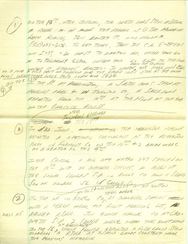 Iowa RBA update for May 12, 1997. Highlights of the update include sightings of a Black-throated Gray Warbler and nesting Black-billed Magpies as well as the continued presence of a White-winged Dove. There were numerous other observations, including a Prairie Warbler, a Marbled Godwit, a light-phase Ferruginous Hawk, a Red-throated Loon, and a Pacific Loon. Also included are handwritten notes for the next week's update with sightings of a Western Tanager and a Fish Crow.