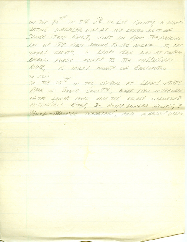 Iowa RBA update for June 23, 1997. Highlights of the update include a Black-headed Gull, a Laughing Gull, a Whimbrel and a Marbled Godwit. Also of note were observations of Mississippi Kites at multiple locations in the central part of the state and Prairie Warblers in Johnson County. Also included are handwritten notes for the next week's update with sightings of a Worm-eating Warbler, a Least Tern, and a Bell's Vireo.