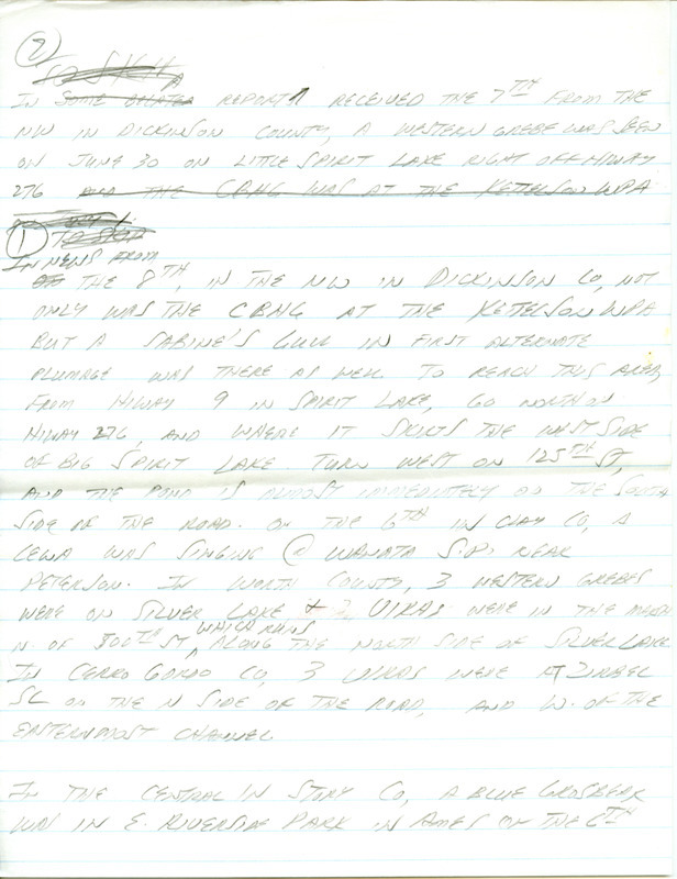 Iowa RBA update for July 7, 1997. Highlights of the update include sightings of a King Rail, Little Blue Herons, and an American Avocet. Also of note were observations of a Worm-eating Warbler in southeast Iowa and Mississippi Kites from four different locations in the central part of the state. Also included are handwritten notes for the next week's update with sightings of a Sabine's Gull and Blue Grosbeak.