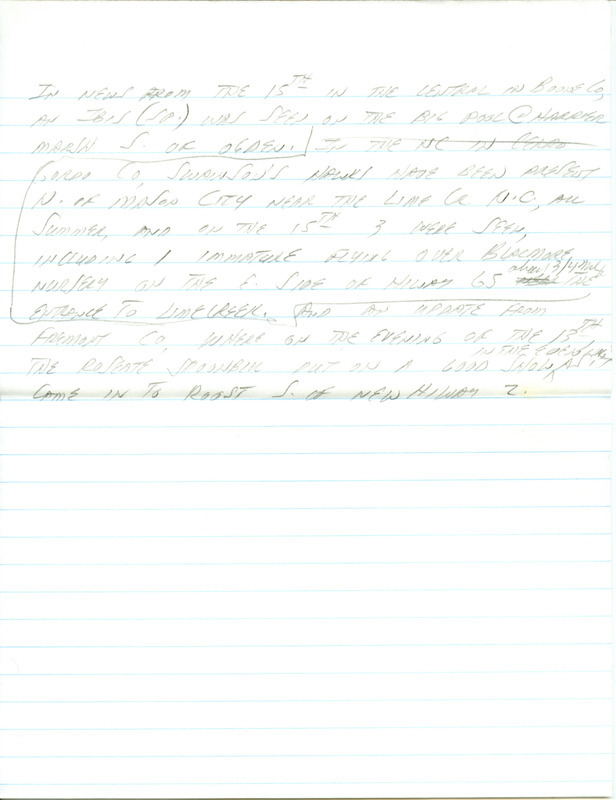 Iowa RBA update for August 11, 1997. Highlights of the update include sightings of a Roseate Spoonbill, a Black-headed Grosbeak, a Pacific Loon, and a Red-necked Phalarope. Other sightings of note were 6 Snowy Egrets, 27 Little Blue Herons, and 7 Yellow-crowned Herons east of Nebraska City. Also included are handwritten notes for the next week's update with sightings of Swainson's Hawks and an Ibis species.