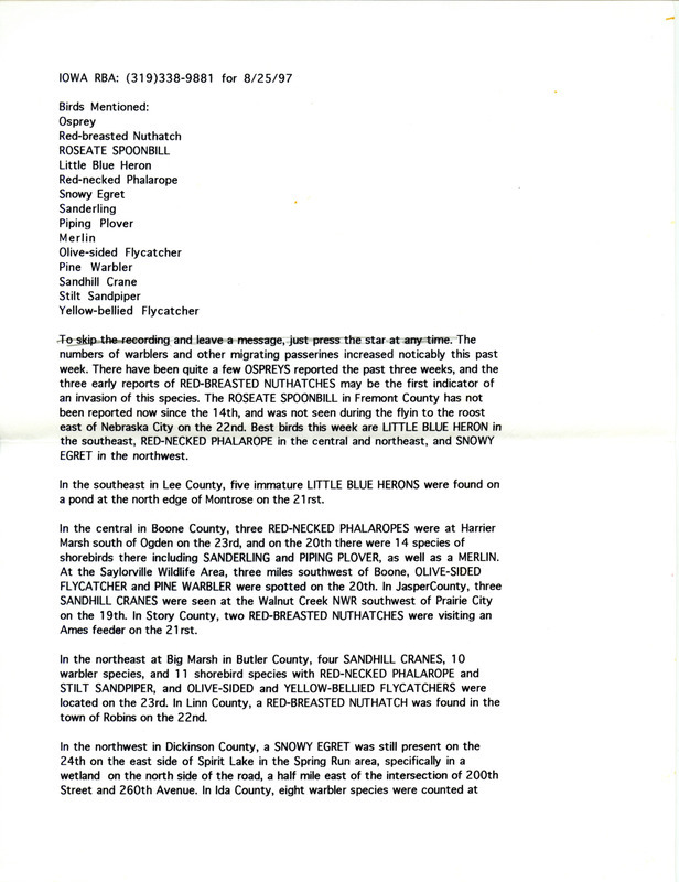 Iowa RBA update for August 25, 1997. Highlights of the update include sightings of Little Blue Herons, Red-necked Phalaropes, and a Snowy Egret. Also of note was the increase in numbers of Warblers and other migrating Passerines as well as several reports of Ospreys.