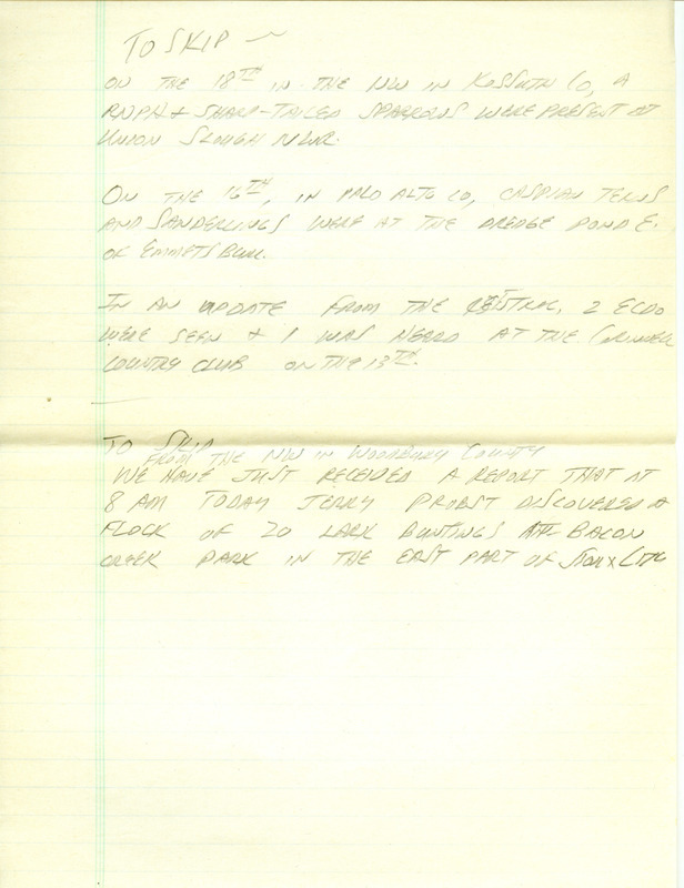 Iowa RBA update for September 15, 1997. Highlights of the update include the continued presence of Eurasian Collared Doves and a sighting of a Black-throated Blue Warbler. Also of note were several reports of Purple Finches and Pine Siskins in the northern part of the state, and Red-breasted Nuthatches being reported state wide. Also included are handwritten notes for the next week's update with sightings of Lark Buntings and a Red-necked Phalarope.