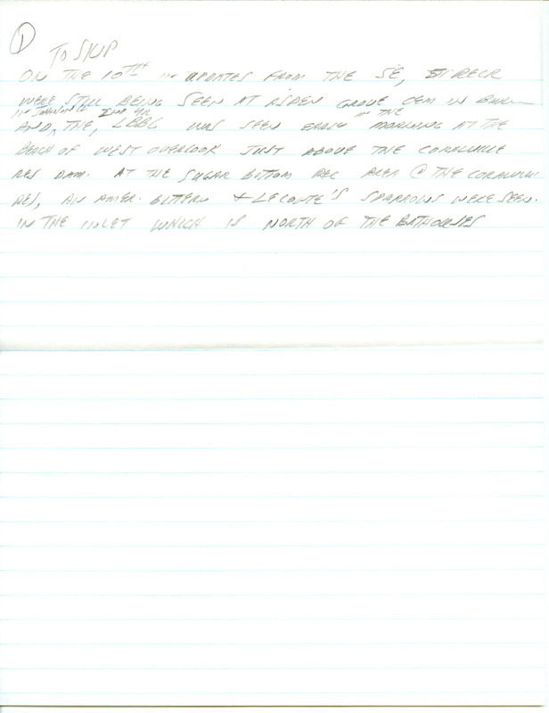 Iowa RBA update for October 6, 1997. Highlights of the update include the continued presence of Eurasian Collared Doves and a Red Crossbill sighting. Also of interest were sightings of several noticeable migrants, including Franklin's Gull, Golden-crowned Kinglet, Yellow-rumped Warbler, and Winter Wren. Also included are handwritten notes for the next week's update with sightings of a Lesser Black-backed Gull, a White-faced Ibis, and a juvenile Sabine's Gull.