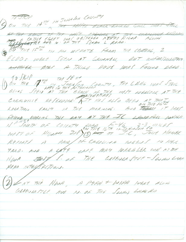 Iowa RBA update for October 13, 1997. Highlights of the update include the continued presence of Eurasian Collared Doves and sightings of a second year Lesser Black-backed Gull, a juvenile Sabine's Gull, Red Crossbills, and a White-faced Ibis. Also included are handwritten notes for the next week's update with sightings of Carolina Wrens, a Wilson's Phalarope and a late Cape May Warbler.