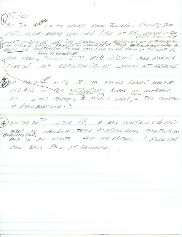 Iowa RBA update for October 20, 1997. Highlights of the update include the continued presence of Eurasian Collared Doves and sightings of a Sabine's Gull and a Lesser Black-backed Gull. Also of note was the observation of ten species of Sparrows at the Hawkeye Wildlife Management Area, including Nelson's Sharp-tailed and Harris'. Also included are handwritten notes for the next week's update with sightings of Pine Siskins, Purple Finches, and a Red Crossbill.