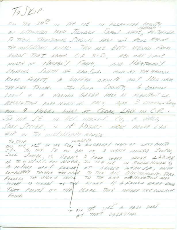 Iowa RBA update for October 27, 1997. Highlights of the update include the continuation of the Eurasian Collared Doves as well as sightings of two immature Surf Scoters, a Red Crossbill, and a second-year Lesser Black-backed Gull. Also of note were statewide reports of Pine Siskins after a yearlong absence as well as large numbers of Purple Finches and Red-breasted Nuthatches. Also included are handwritten notes for the next week's update with sightings of a female White-winged Crossbill, an estimated one thousand Tundra Swans, and 158 raptors observed on a hawk watch.