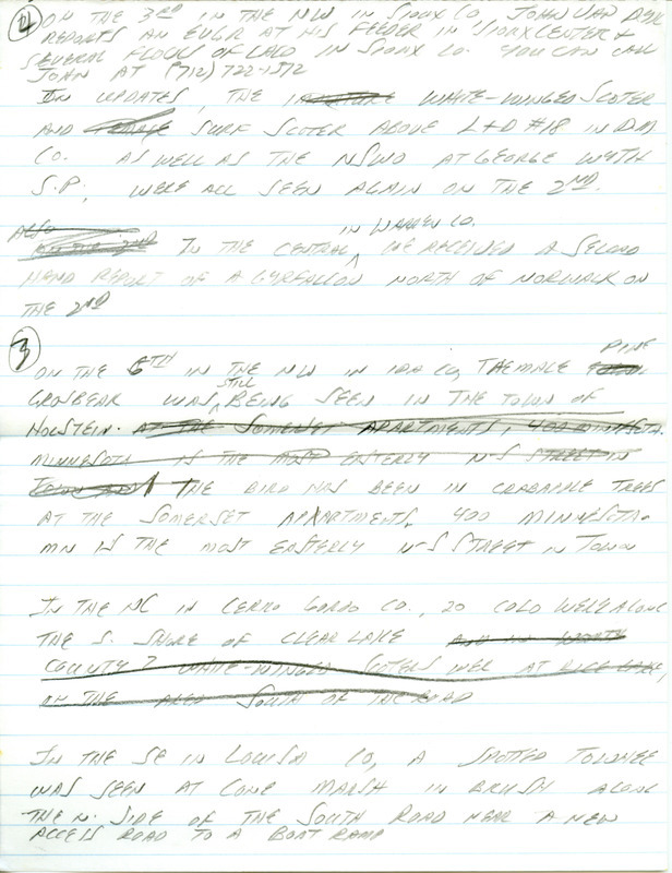 Iowa RBA update for November 3, 1997. Highlights of the update include sightings of a White-winged Scoter, a Surf Scoter, a Pacific Loon, and the continued presence of a Lesser Black-backed Gull. Also of note were sightings of a White-winged Crossbill and a Red-necked Grebe as well as a report of 158 raptors observed on a hawk watch at Grammer Grove County Wildlife Area. Also included are handwritten notes for the next week's update with sightings of a Pine Grosbeak, a Bohemian Waxwing, and a Spotted Towhee.