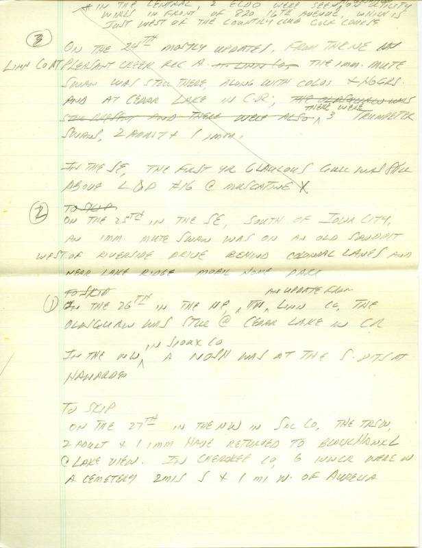 Iowa RBA update for November 24, 1997. Highlights of the update include sightings of a Bohemian Waxwing, White-winged Crossbills, Common Redpolls, Long-tailed Ducks, and a first year Glaucous Gull. Also of interest were reports of an exotic Eurasian Goldfinch and an unconfirmed report of Harlequin Ducks. Also included are handwritten notes for the next week's update with sightings of a Northern Shrike and an immature Mute Swan.